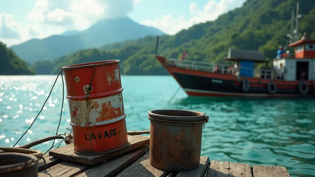 Fuel drums on a wooden pier beside a workboat in an Indonesian port, morning light, Sorong West Papua
