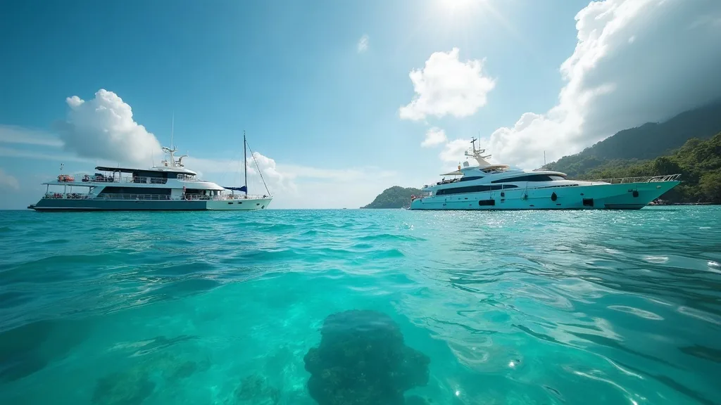 Two liveaboard vessels and a private yacht moored at a distance from each other above a reef, calm water, Raja Ampat morning