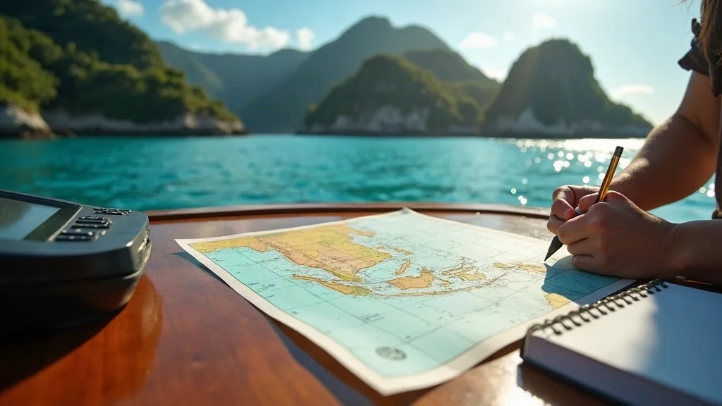 Chart table aboard a yacht with electronic chartplotter and paper chart of eastern Indonesia, dividers and notebook, warm light