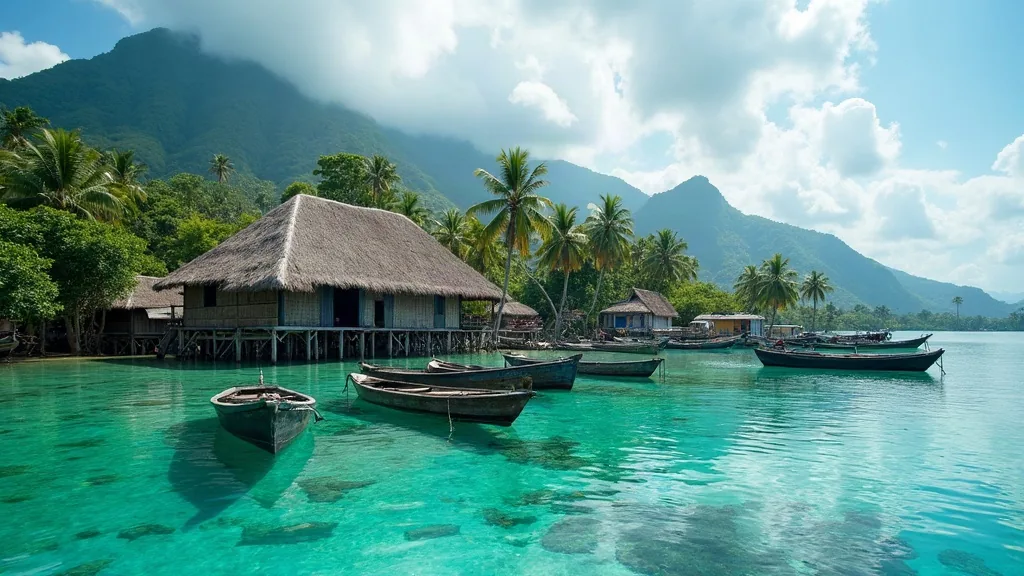 Village on stilts over clear water with traditional boats, palm trees and karst hills behind, Raja Ampat community
