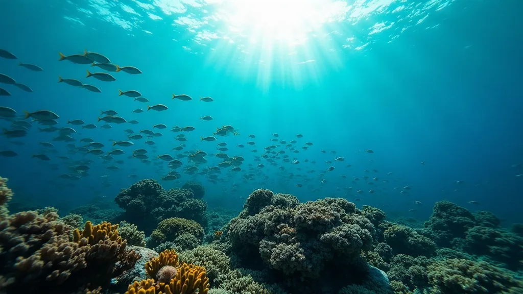 Schooling fish over a vibrant coral reef in strong current, blue water, Dampier Strait Raja Ampat underwater scene