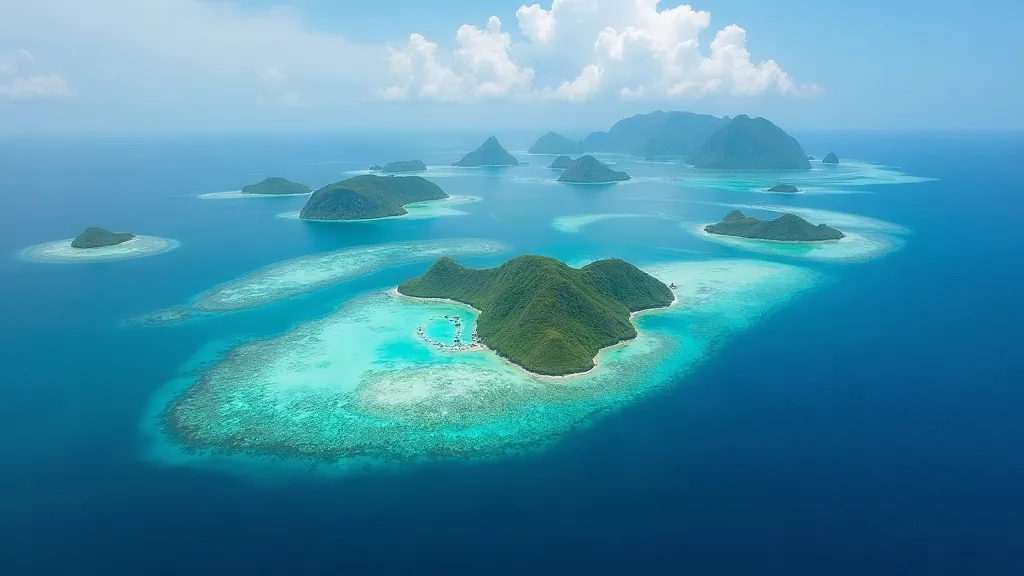 Map-like aerial perspective of scattered island groups across a wide expanse of tropical sea, Raja Ampat archipelago at altitude