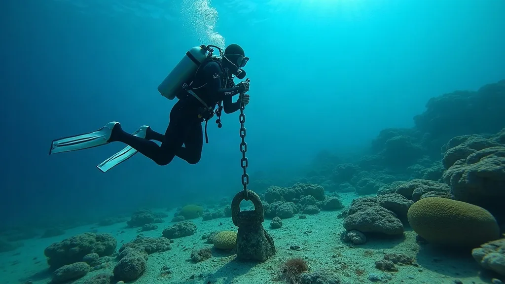 Diver inspecting a mooring chain and shackle attached to a coral seabed anchor point in clear blue water, Raja Ampat
