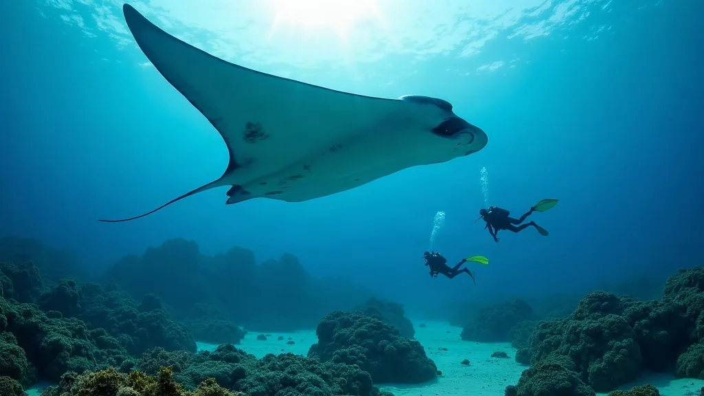 A large manta ray gliding over a cleaning station reef with divers keeping distance below, clear blue water Raja Ampat