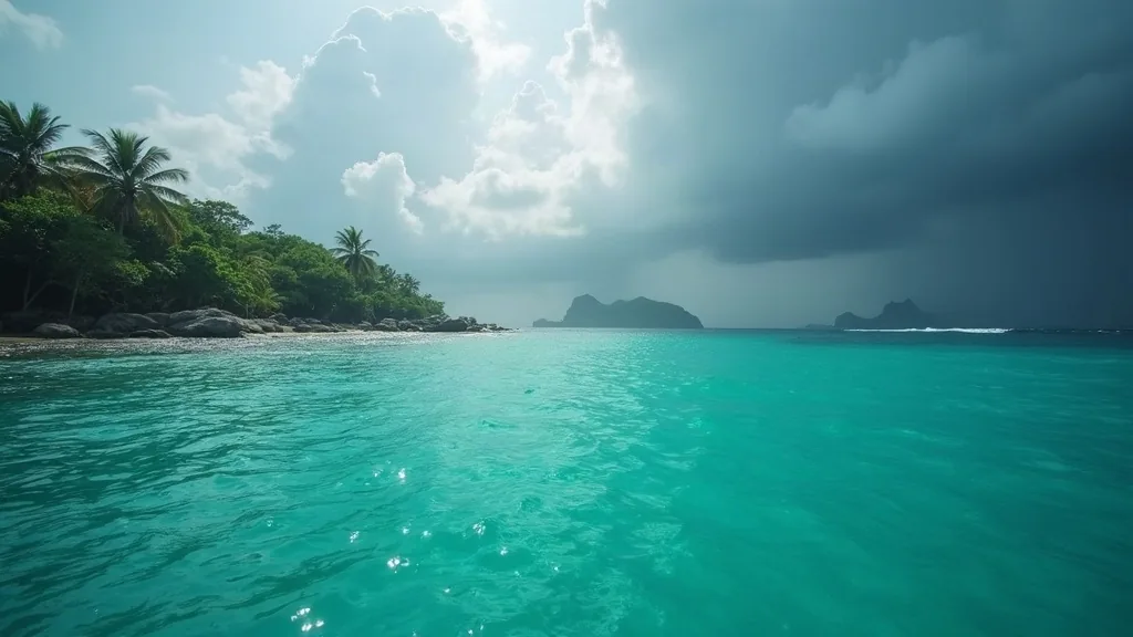 Split scene of calm glassy sea and distant rain squall over tropical islands, changing weather in Raja Ampat
