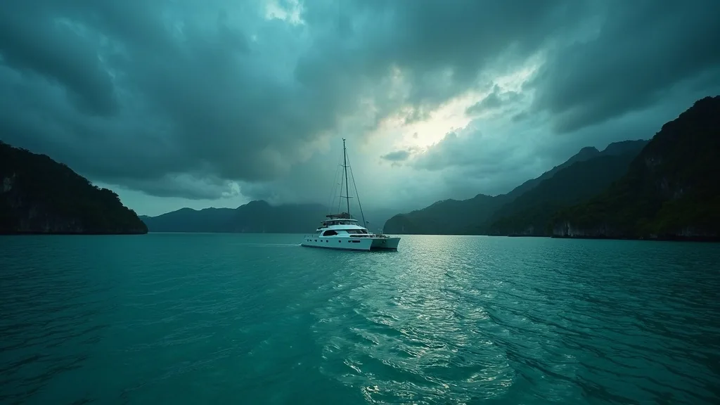 Dark squall clouds building over karst islands at dusk with a yacht anchored in a bay, dramatic tropical storm light