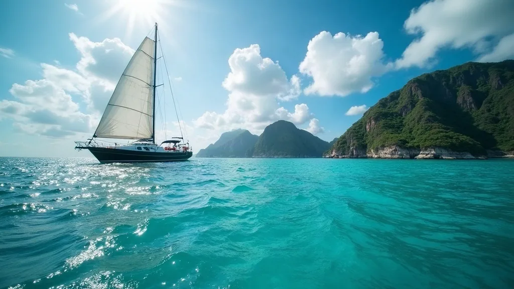 A yacht under way on open water with distant limestone islands on the horizon, southern Raja Ampat, high sun and moderate swell