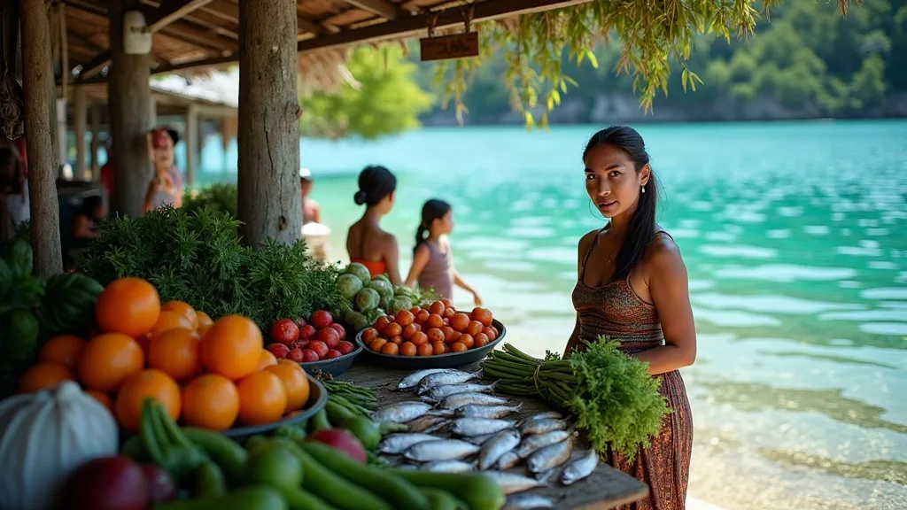 Local market stall with tropical fruit, vegetables and fresh fish in a small Indonesian island town, morning, Waisai Raja Ampat