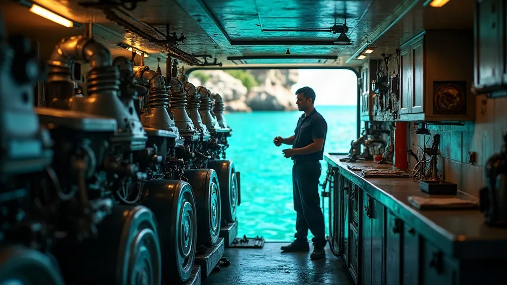 Organised yacht engine room with labelled spare parts bins and tools, clean and well maintained, technician working