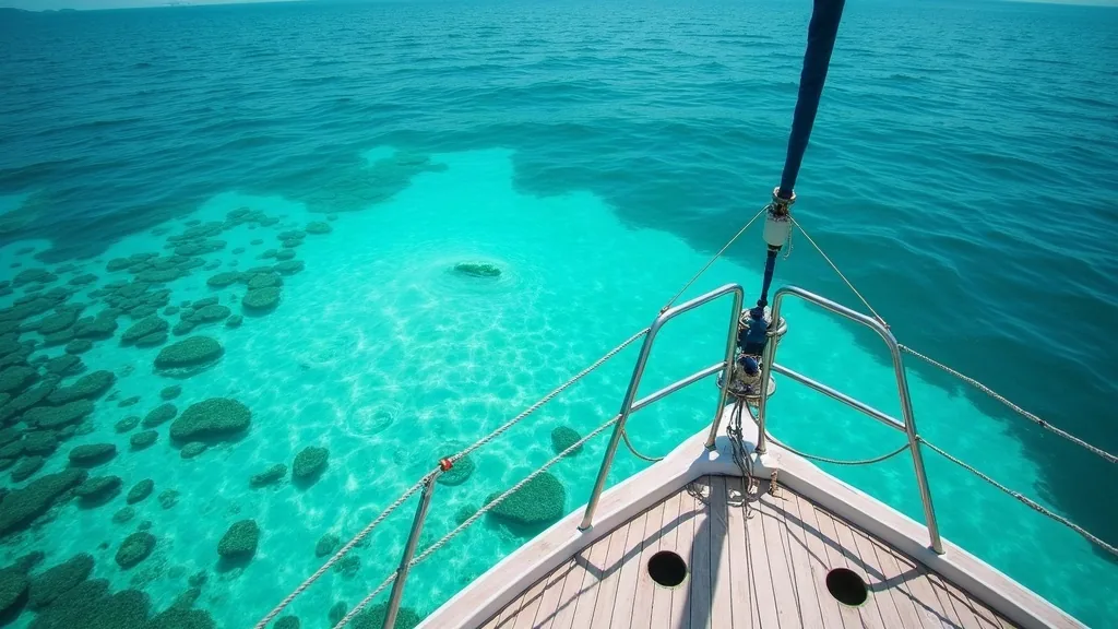 View from a yacht bow looking down into clear shallow water showing a pale sand patch surrounded by dark coral, Raja Ampat