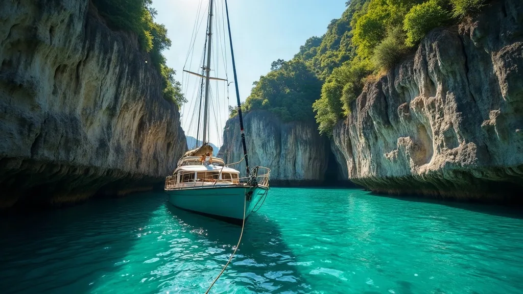 A yacht moored bow-out in a narrow limestone bay with a stern line run to a rock face, jungle above, tropical afternoon