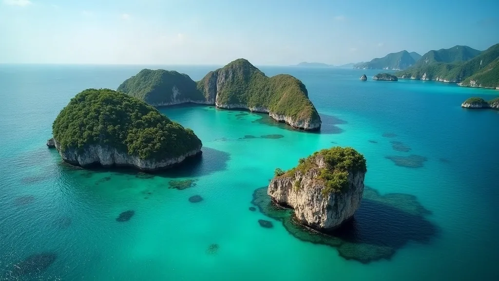 Classic mushroom-shaped karst islets rising from a turquoise lagoon seen from above, Wayag, northwest Raja Ampat