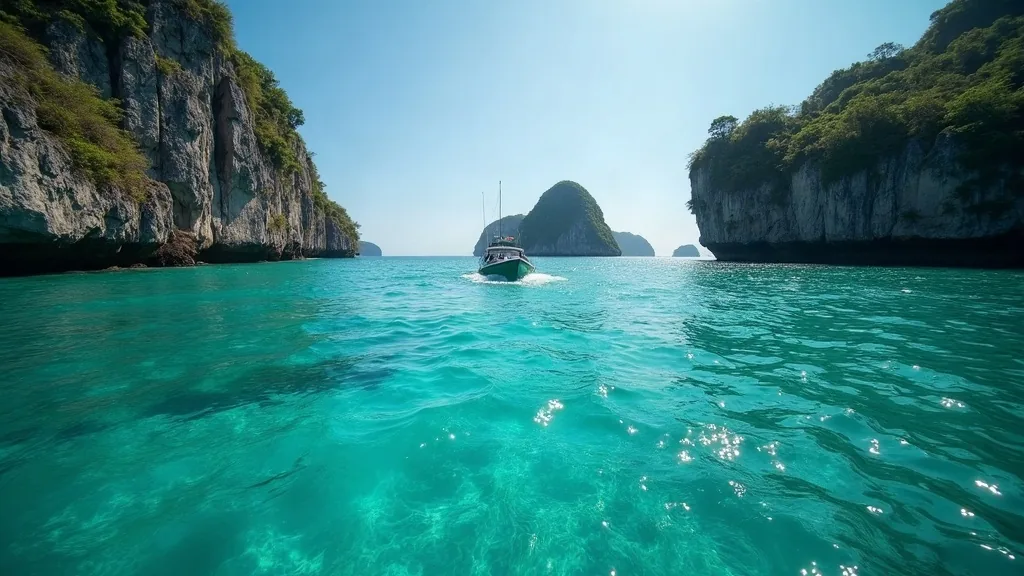 Strong tidal current visible as surface texture and eddies between two karst islands, small boat holding station, Raja Ampat