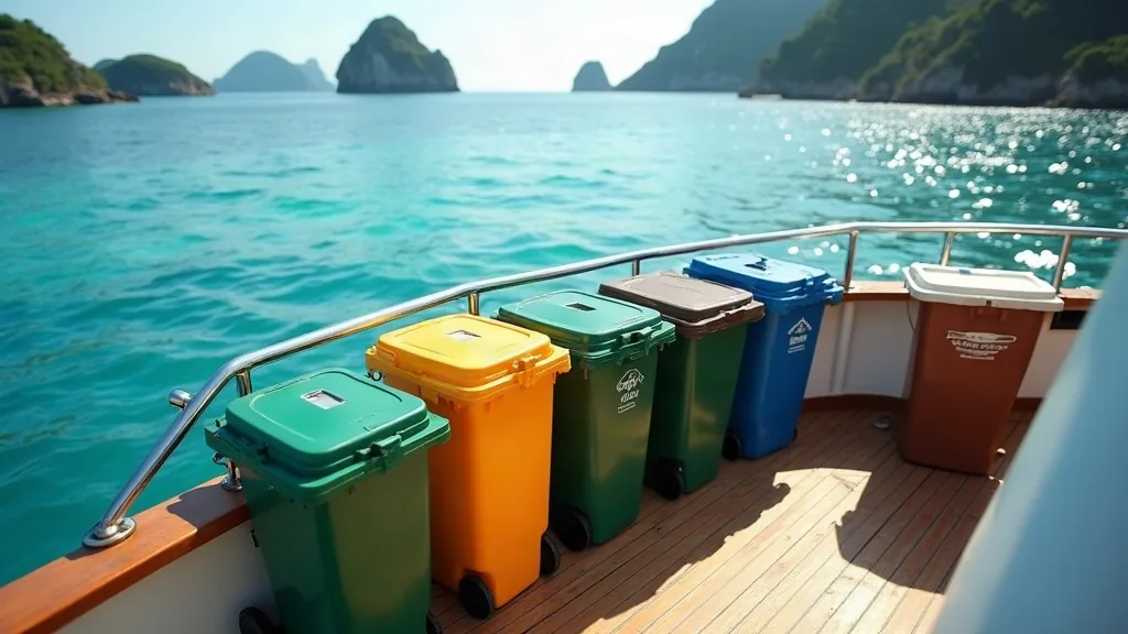 Segregated waste containers secured on the deck of a yacht with the sea and islands in the background, tidy and organised
