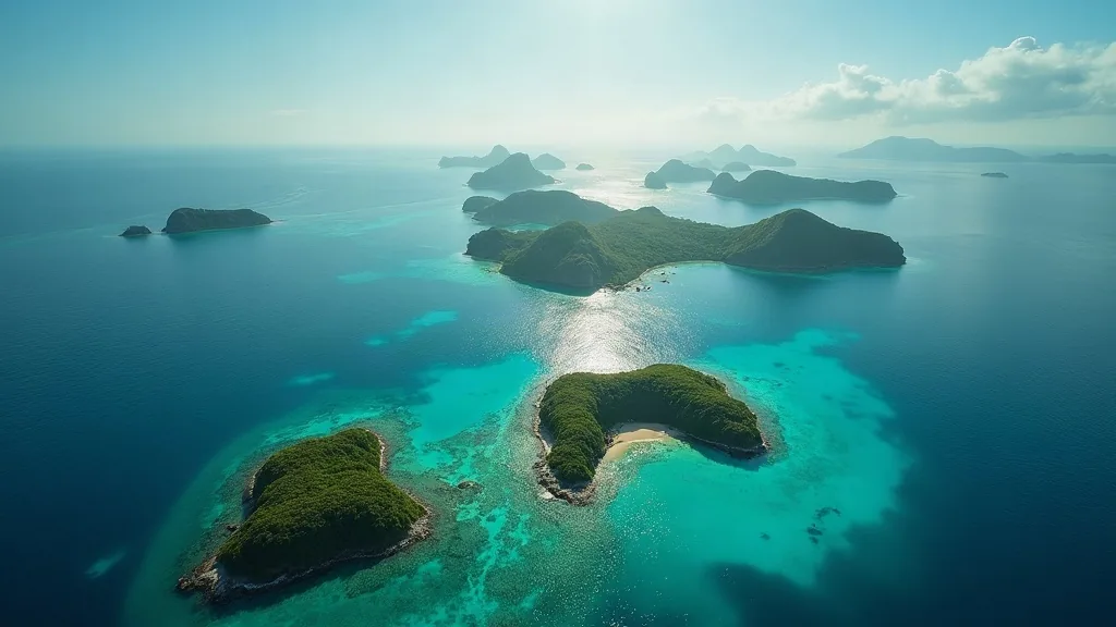 Wide aerial of scattered karst islands and turquoise channels in Raja Ampat with no built infrastructure visible, dramatic morning light