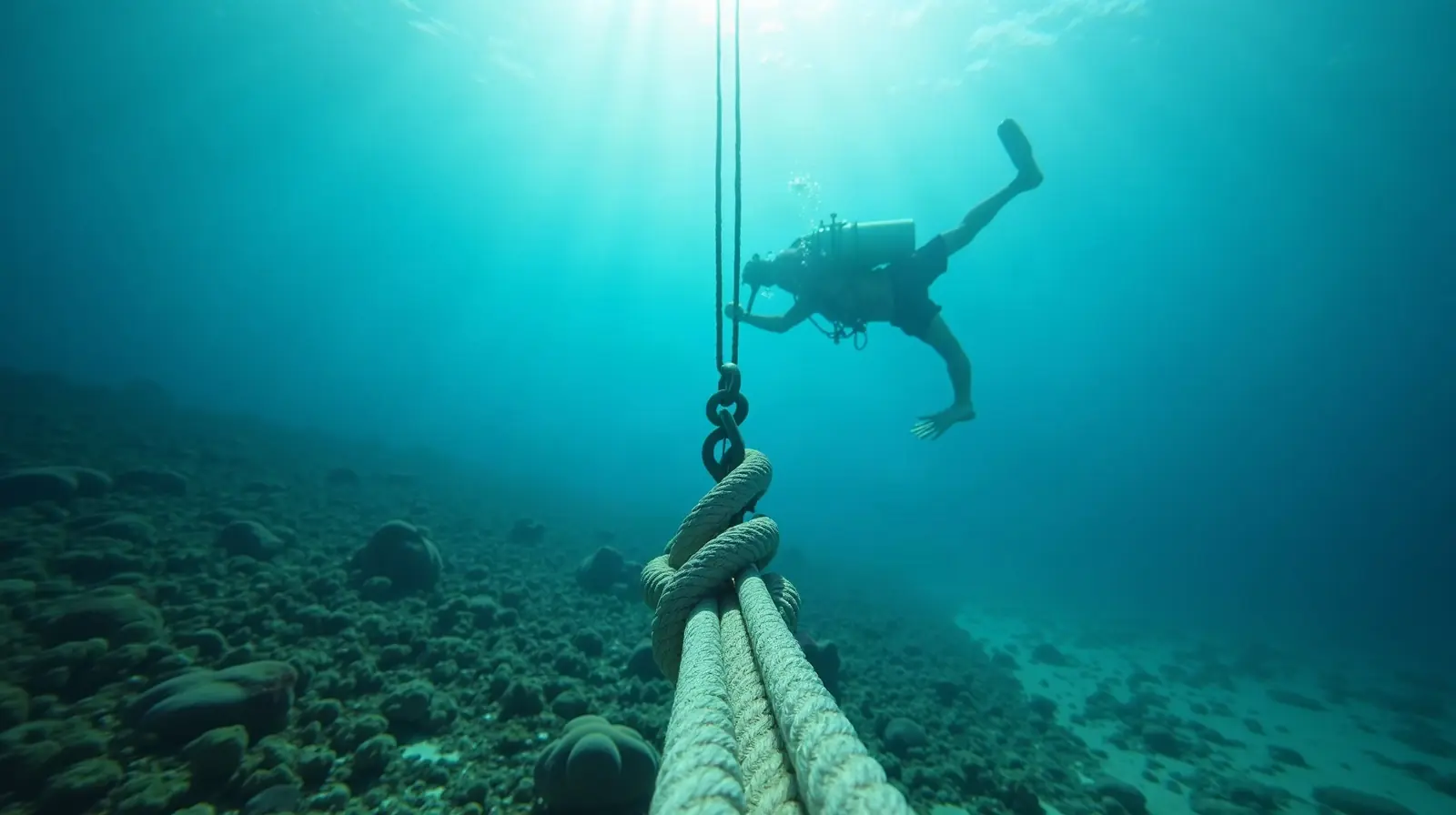 Free-diver inspecting a mooring buoy riser line and fixing underwater in Raja Ampat